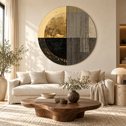 Round aluminium print with gold and black geometric details displayed in a luxury living room