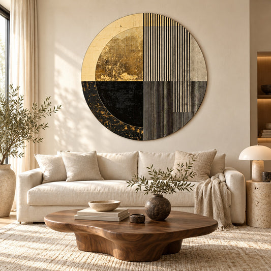 Round aluminium print with gold and black geometric details displayed in a luxury living room