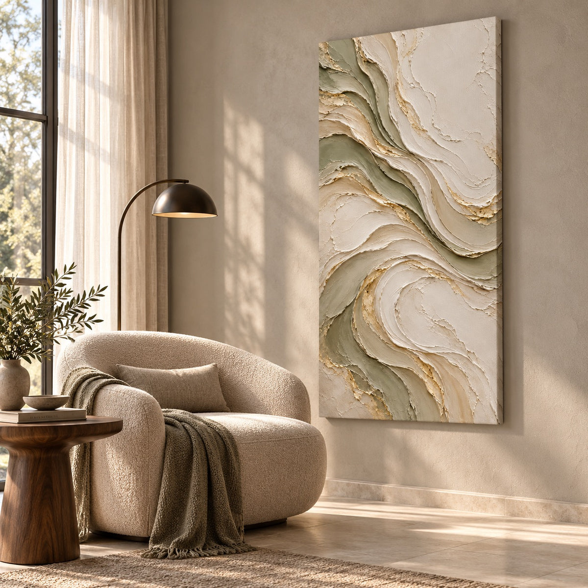Sage-green abstract canvas displayed in a luxury reading lounge beside an armchair