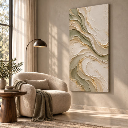 Sage-green abstract canvas displayed in a luxury reading lounge beside an armchair