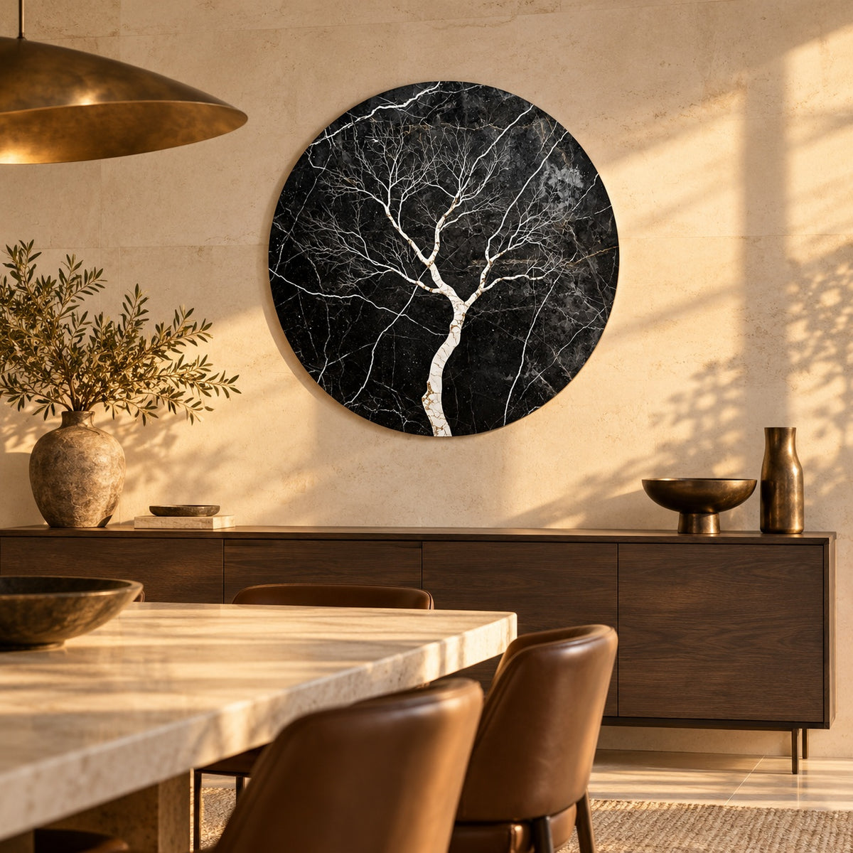 Round aluminium print of the tree composition displayed in an elegant dining room