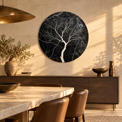 Round aluminium print of the tree composition displayed in an elegant dining room