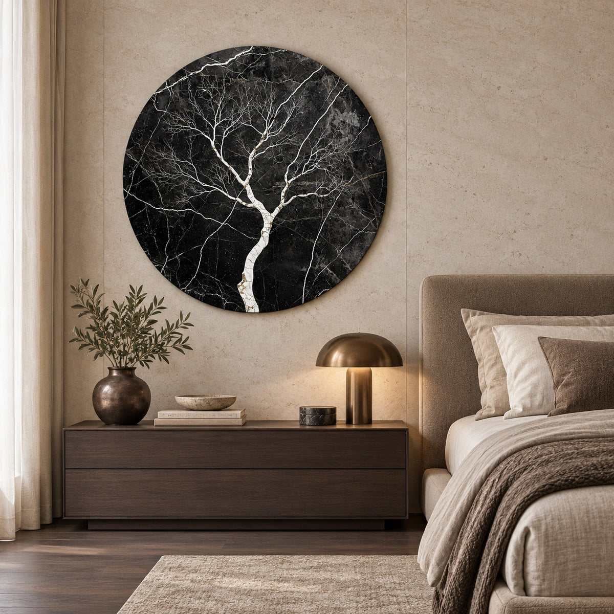 Round aluminium print of the tree composition displayed in a modern bedroom