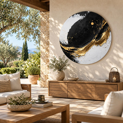 Round aluminium print with gold abstract details displayed on a Mediterranean terrace