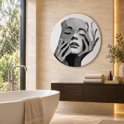 Round aluminium portrait print displayed in a luxury spa bathroom