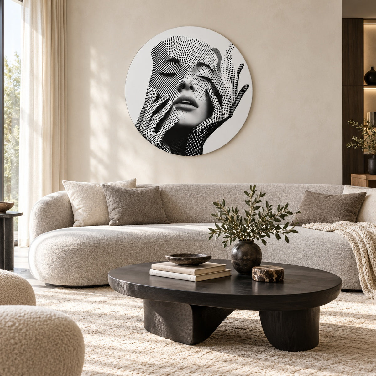 Round aluminium portrait print displayed above a curved sofa in a living room