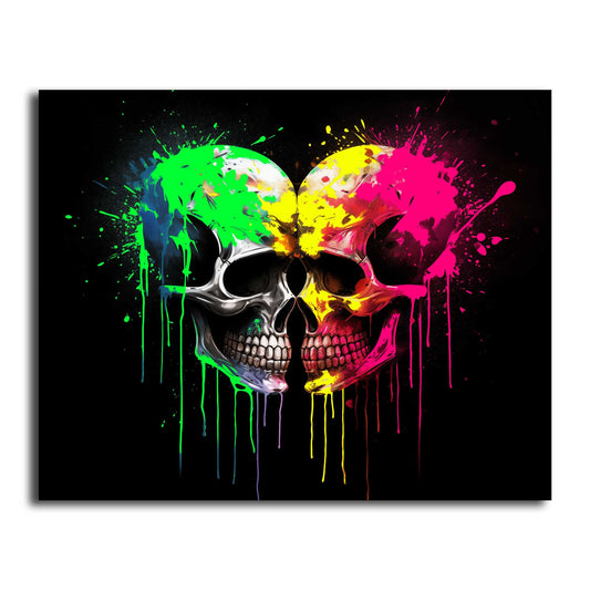 “Neon Skull” fluorescent canvas print with vivid neon colors on black background