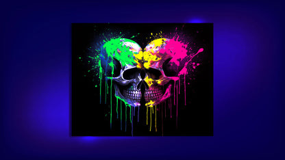 “Neon Skull” canvas glowing in blue-lit space, activated by UV light