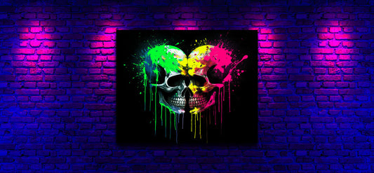 Fluorescent skull artwork glowing on purple-lit brick background
