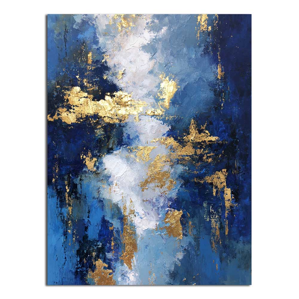 Paveikslas „Nakties Tyla“ – mėlynas drobės kūrinys su auksinėmis lako detalėmis