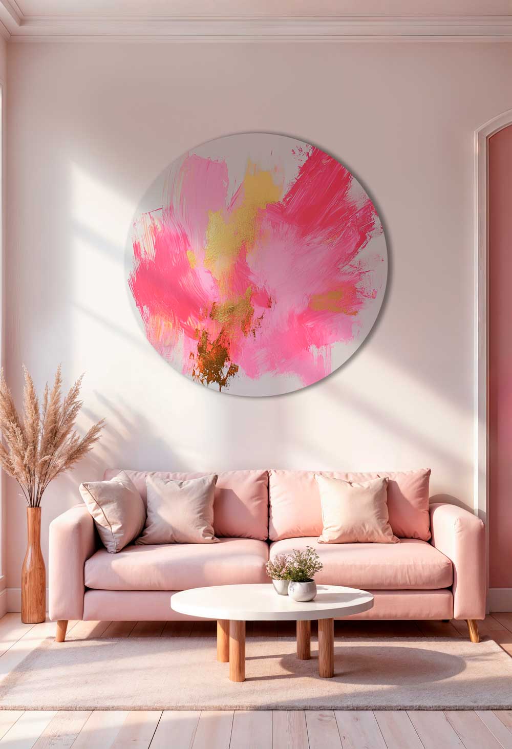 Round aluminum artwork with pink brushstrokes and golden lacquer details