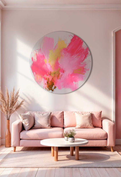 Round aluminum artwork with pink brushstrokes and golden lacquer details