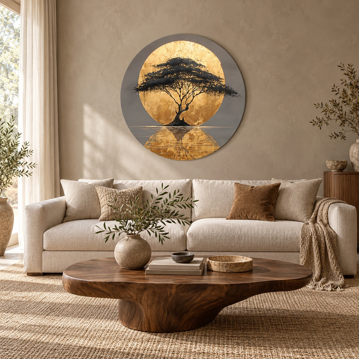 Round aluminium print of the acacia composition displayed in a living room