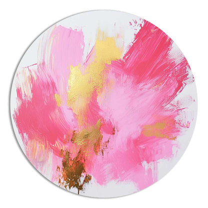 Pink Dance is a round aluminum artwork with expressive pink strokes and golden lacquer details. Moisture-resistant, frameless, and ready to elevate your space.