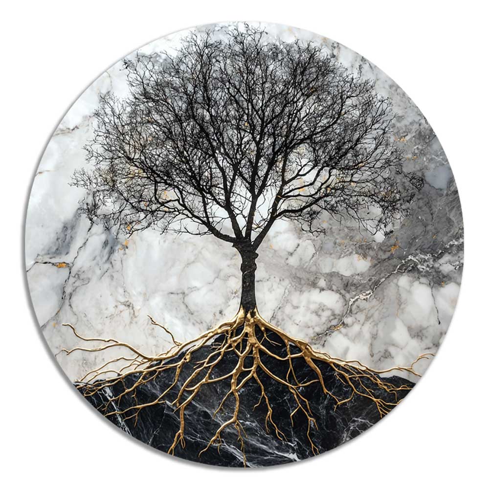 Apvalus paveikslas su medžiu ir šaknimis ant balto aliuminio, auksinės detalės su laku ; Round aluminum artwork with tree and roots on white background, lacquered gold details