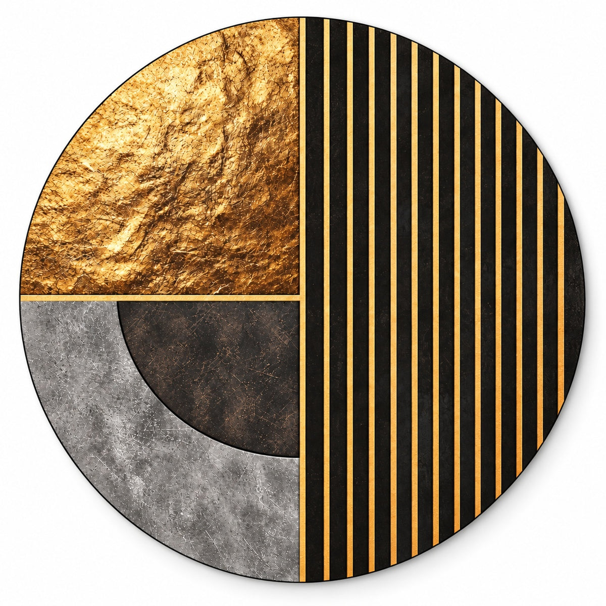 Round aluminium print of a geometric gold-striped composition on black and grey, shown on white, Round Aluminium + Varnish