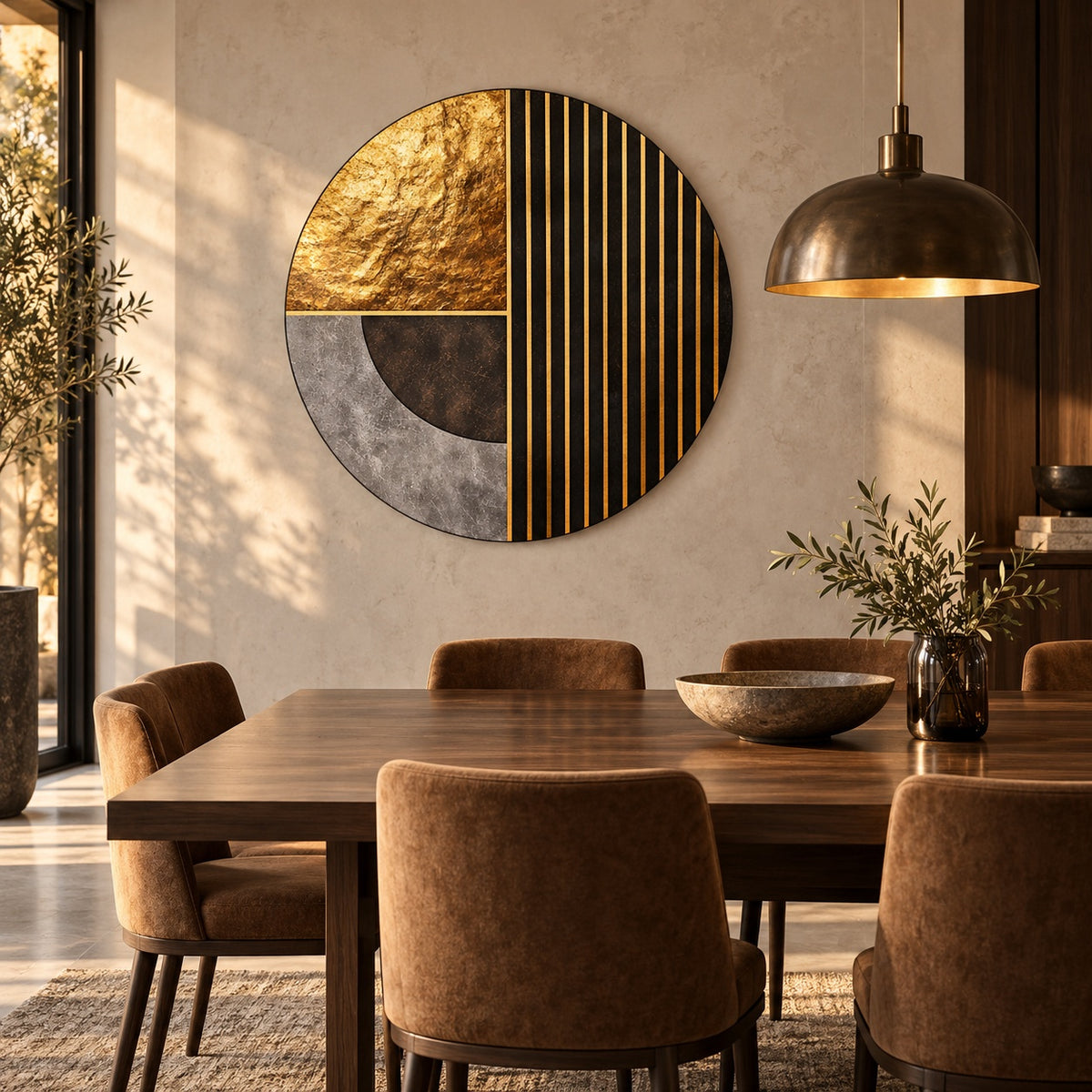 Round aluminium print of the geometric gold-striped composition displayed in a dining room