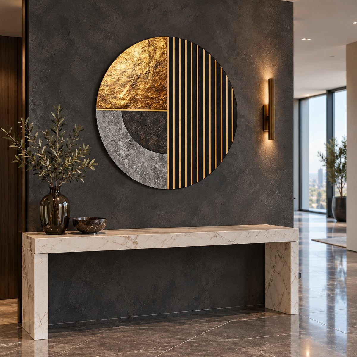 Round aluminium print of the geometric gold-striped composition displayed above a marble console