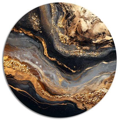 Round aluminium wall art “Golden Flow” with glossy golden accents
