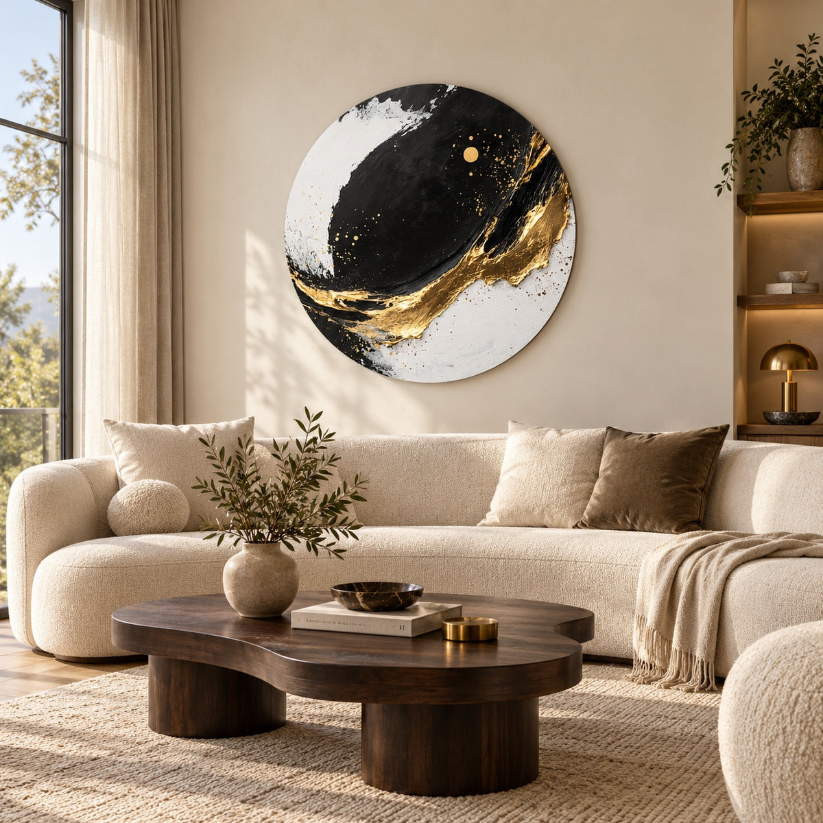 Round aluminium print with black, white, and gold details displayed in a luxury living room