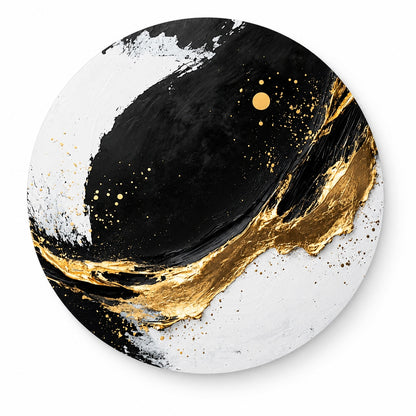Round aluminium print of an abstract black, white, and gold brushstroke composition, shown on white, Round Aluminium + Varnish