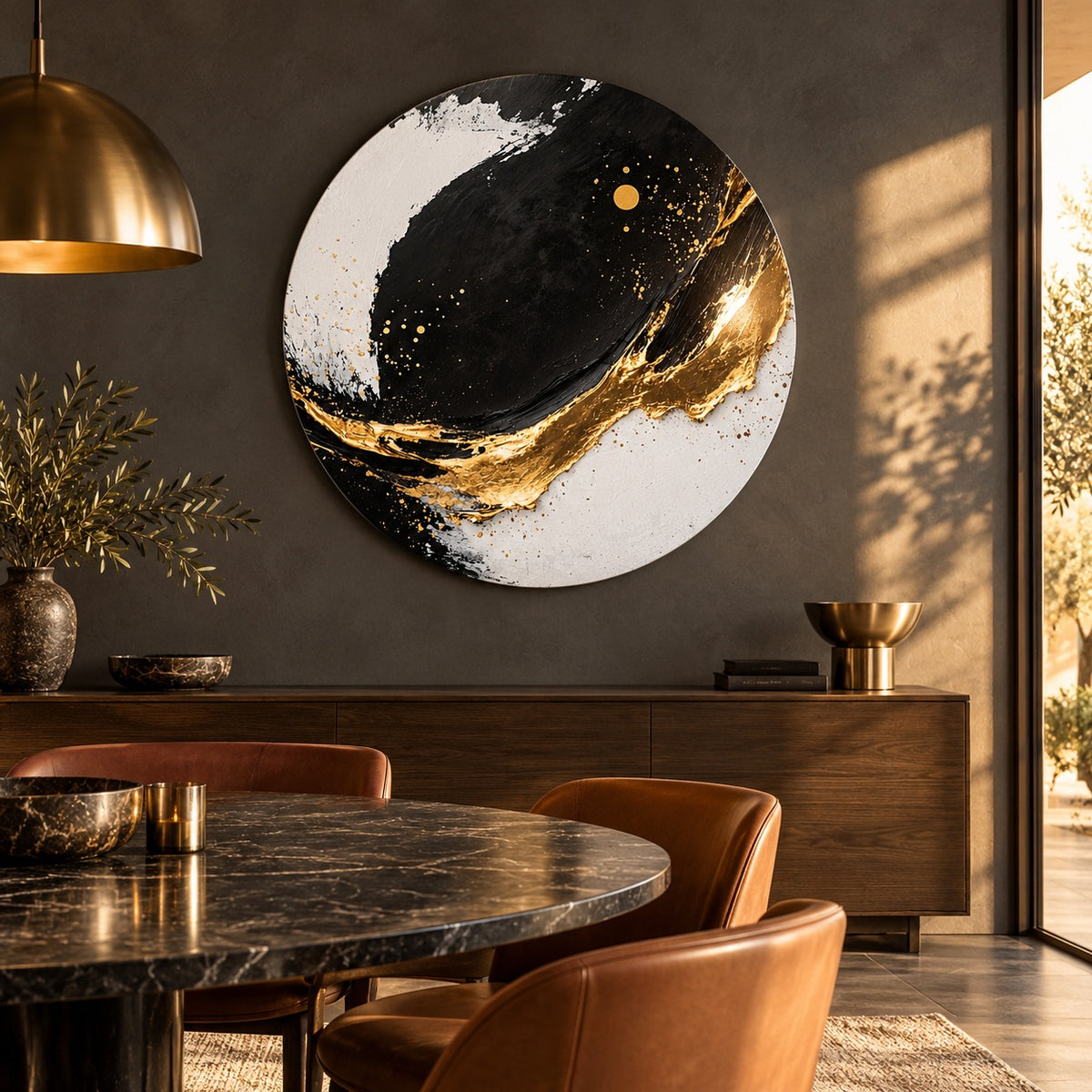 Round aluminium print with gold accents displayed in a luxury dining room