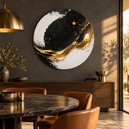 Round aluminium print with gold accents displayed in a luxury dining room