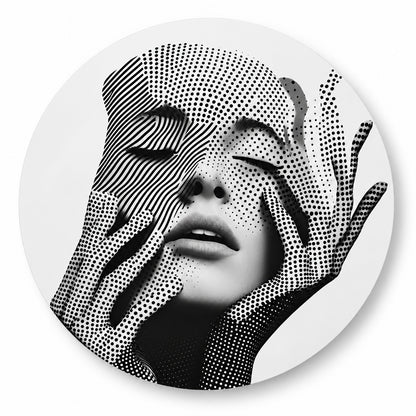 Round aluminium print of a monochrome halftone line-art portrait, shown on white, Round Aluminium
