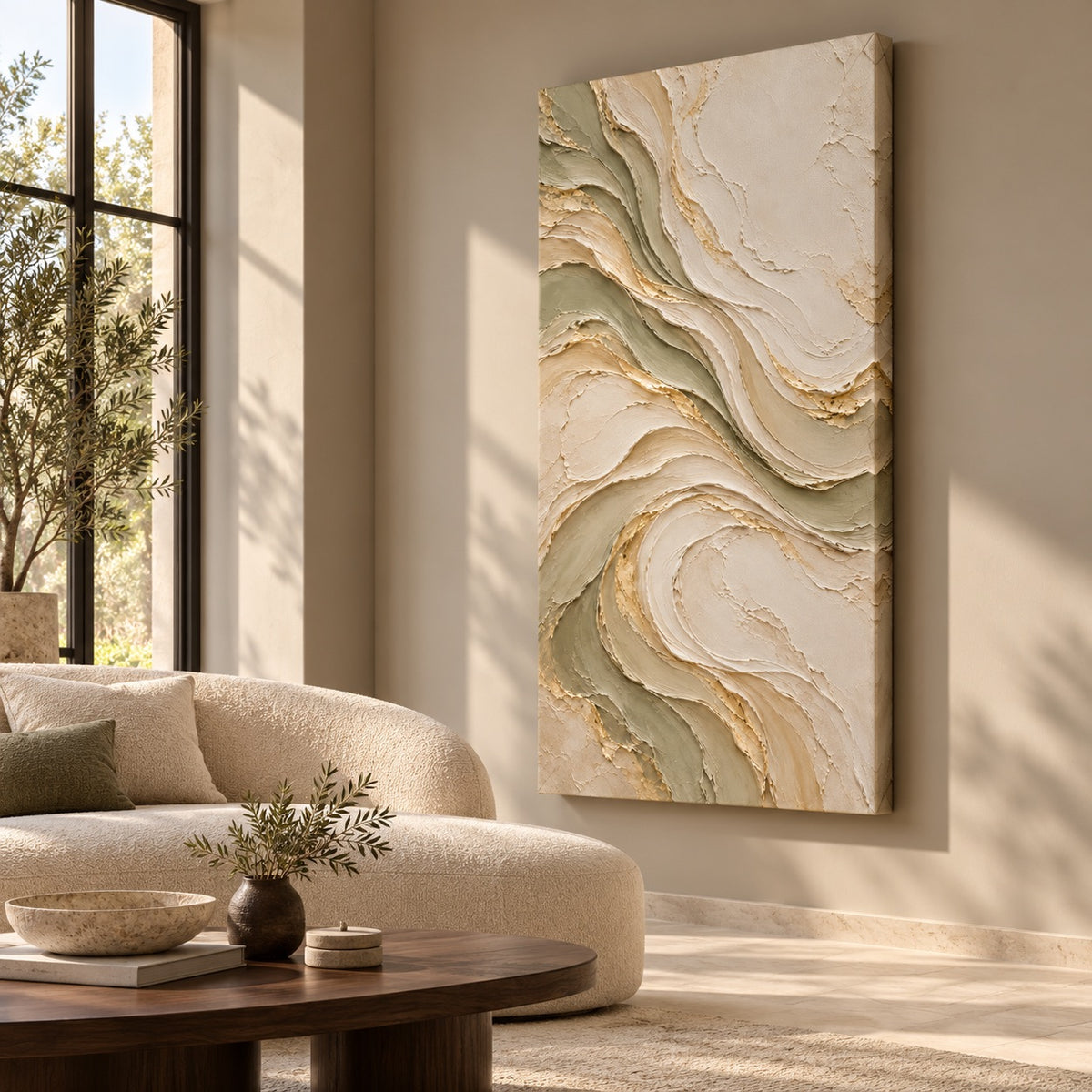 Sage-green abstract canvas displayed above a sofa in a luxury living room