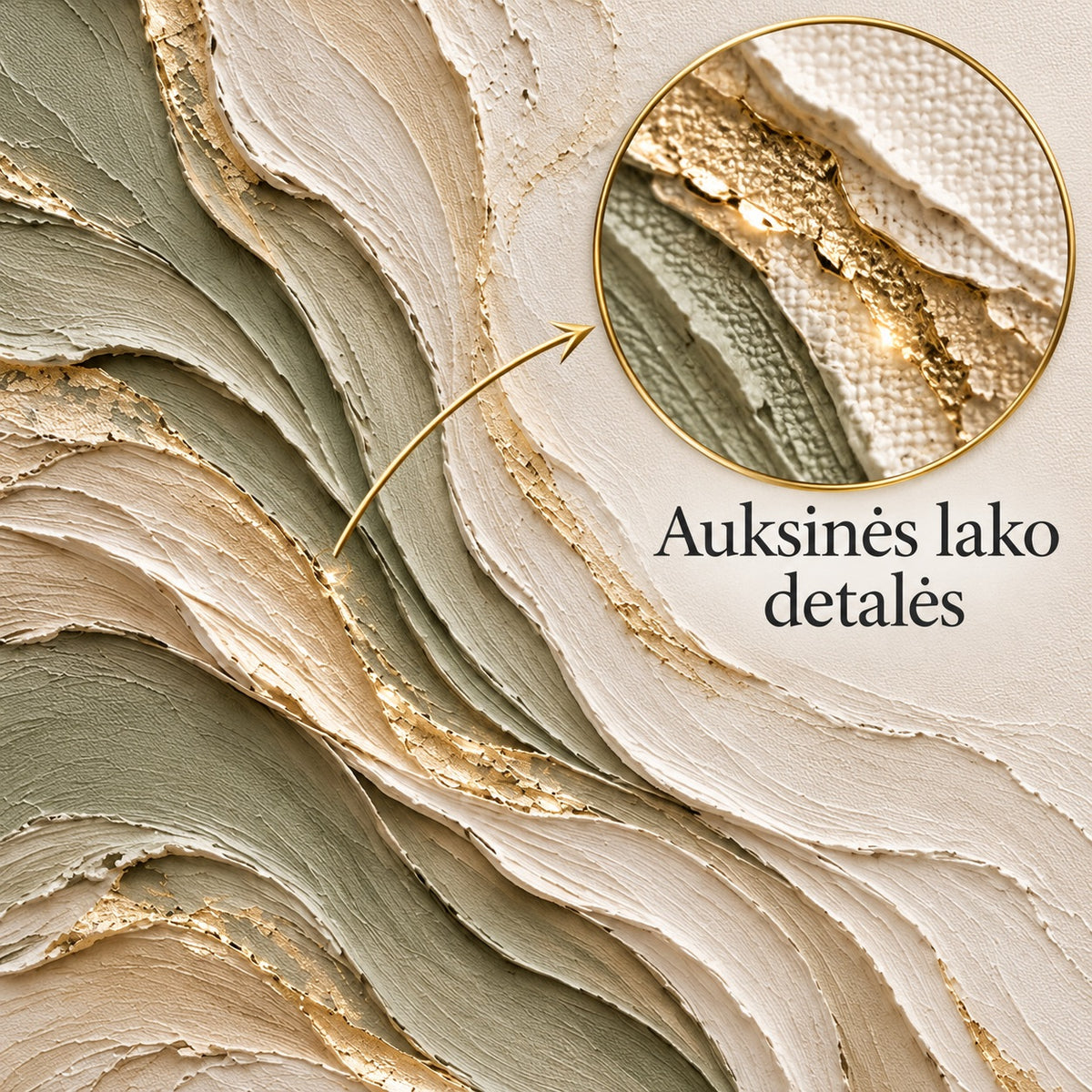 Close-up of the gold varnish detail on the sage-green textured canvas, labelled Auksinės lako detalės