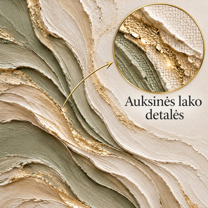 Close-up of the gold varnish detail on the sage-green textured canvas, labelled Auksinės lako detalės