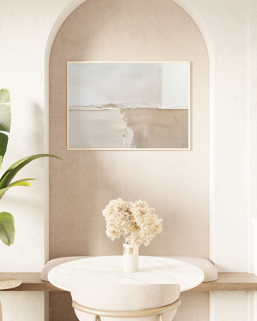 Minimal canvas art “Sand Line” in a soft-toned wall niche with flowers