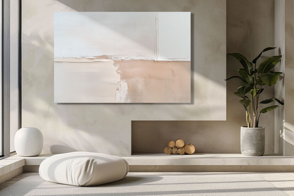 “Sand Line” canvas hanging in soft-toned room with plants