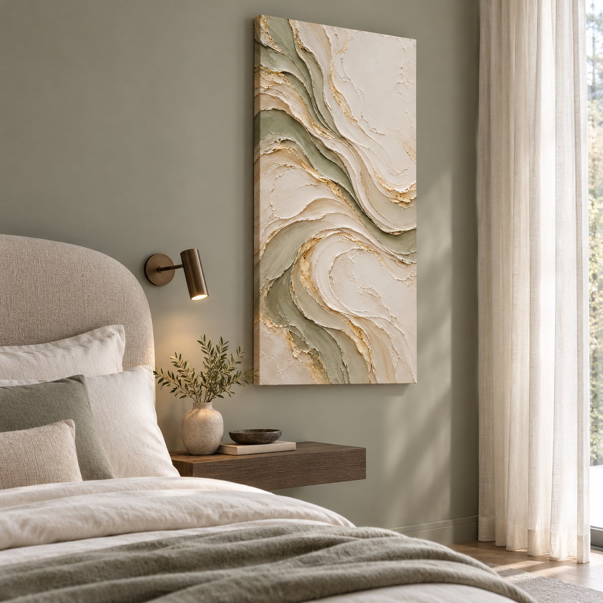 Sage-green abstract canvas displayed above a bed in a serene luxury bedroom