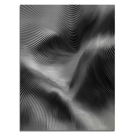 Abstraktus aliuminio paveikslas su sidabrinėmis bangomis ir linijų tekstūra ; Abstract aluminum artwork with flowing silver wave lines and texture
