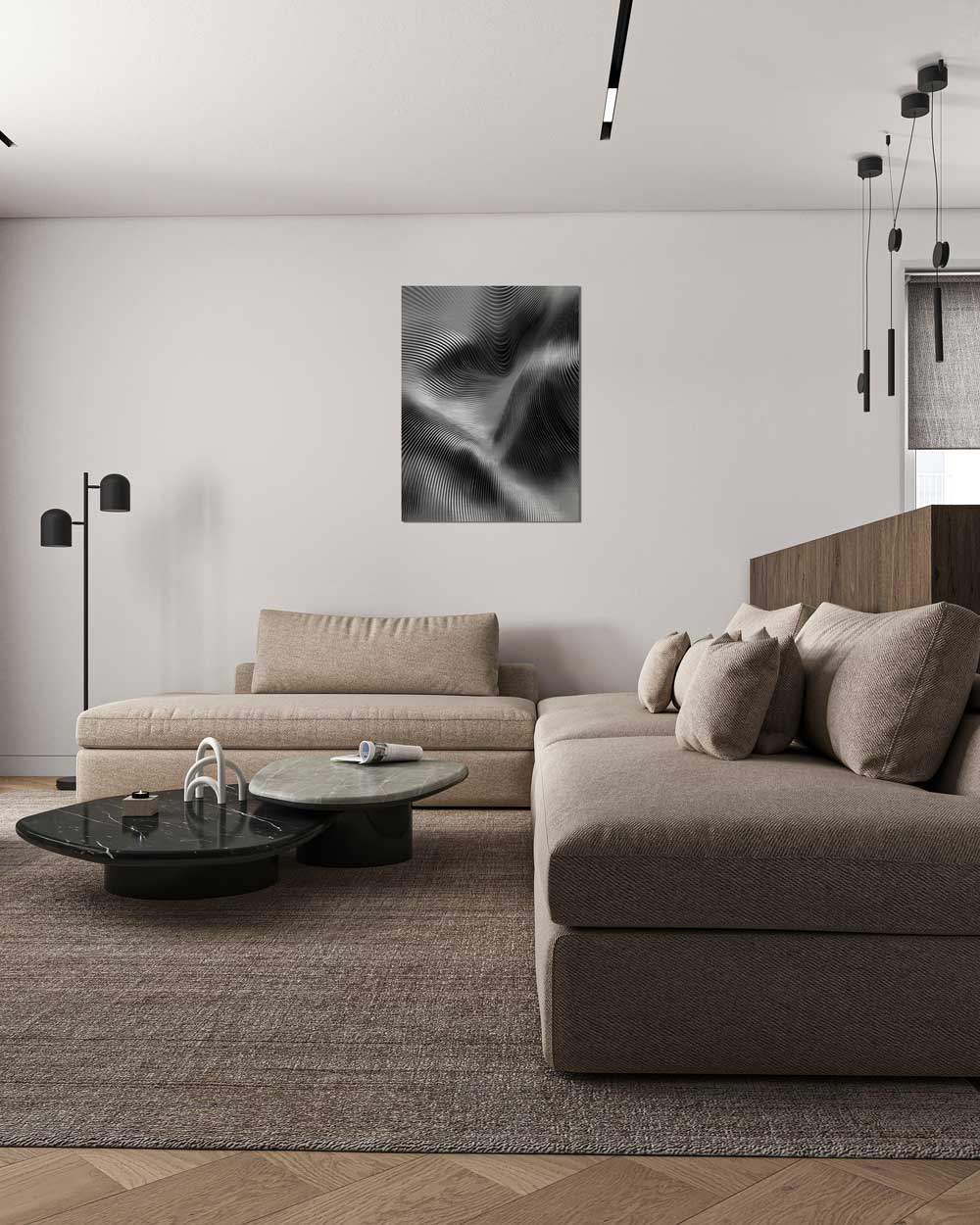 Aliuminio paveikslas su sidabrinėmis linijomis šviesioje svetainėje ; Silver abstract aluminum painting above sofa in bright living room