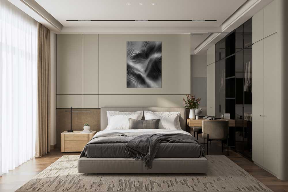 Modernus aliuminio paveikslas su bangų efektu virš lovos ; Modern silver wave aluminum artwork displayed above bed
