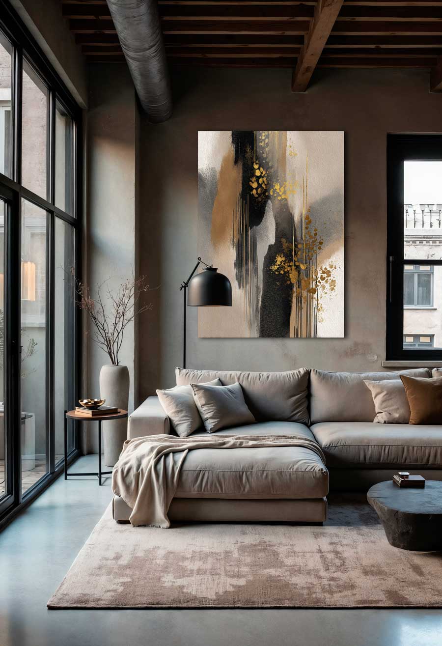 Beige and black painting with gold strokes