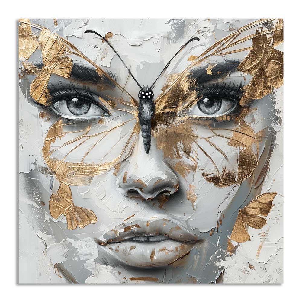 Drobės paveikslas „Transformacija“ su moters veidu ir drugeliais, auksinės detalės su laku ; Canvas wall art “Transformation” with woman face and butterflies, lacquered gold details