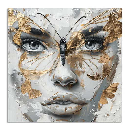 Drobės paveikslas „Transformacija“ su moters veidu ir drugeliais, auksinės detalės su laku ; Canvas wall art “Transformation” with woman face and butterflies, lacquered gold details