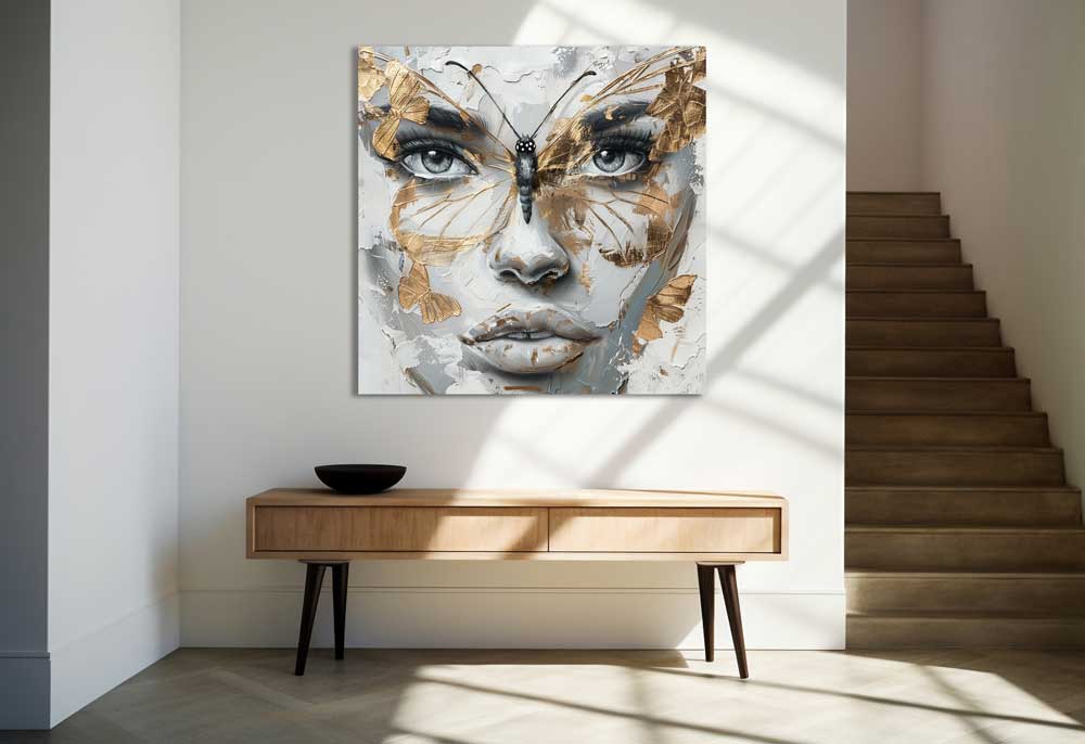 Modernus drobės paveikslas „Transformacija“ virš lovos su auksinėmis detalėmis ; Modern canvas wall art with woman and butterflies above bed