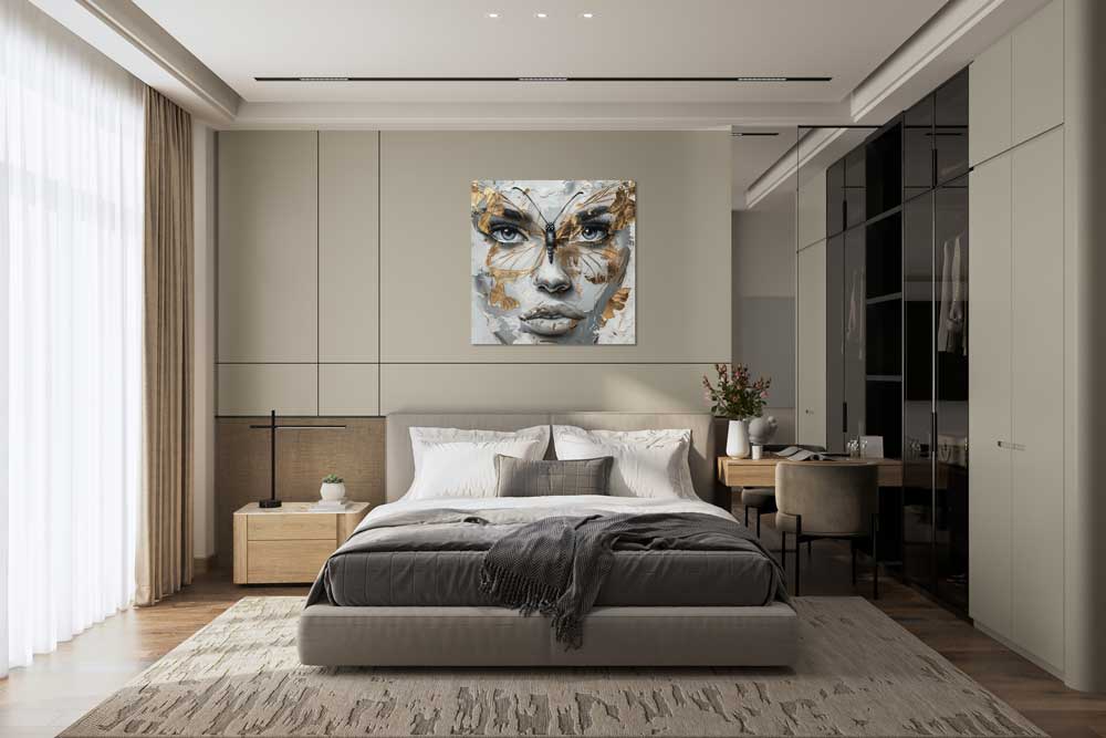 Paveikslas su drugeliais ir moters veidu šviesiame kambaryje prie lango ; Woman and butterfly canvas art in bright room near window