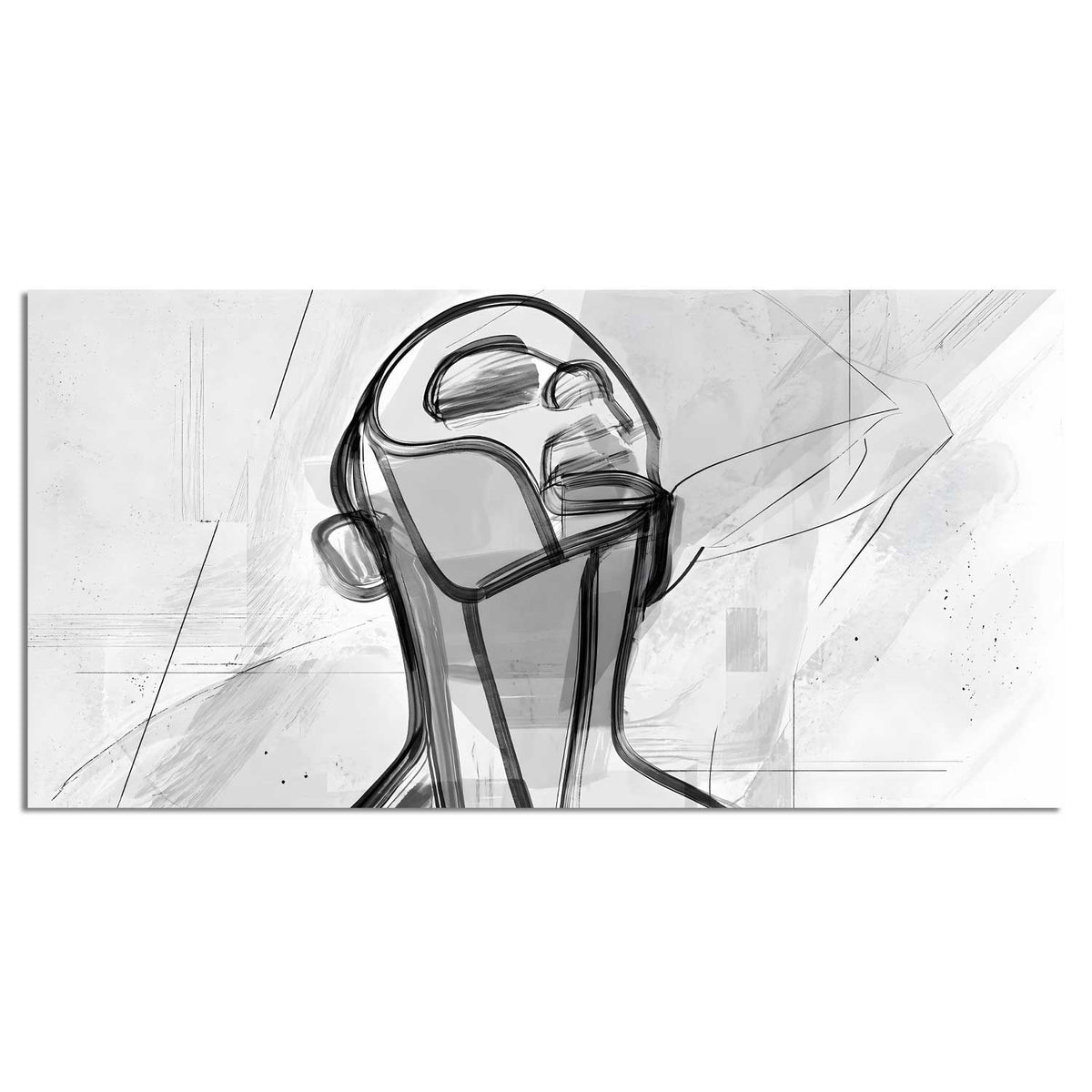 Lines of Thought panoramic canvas print — abstract black and white sketch-line portrait of a face looking upward, on a light grey textured background