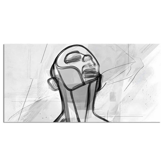 Lines of Thought panoramic canvas print — abstract black and white sketch-line portrait of a face looking upward, on a light grey textured background