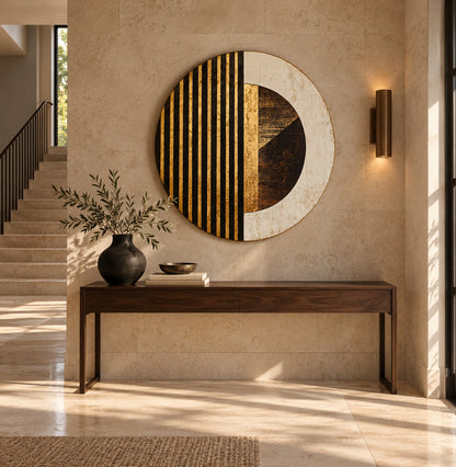 Round aluminium print of the gold-striped composition displayed in an entrance hall