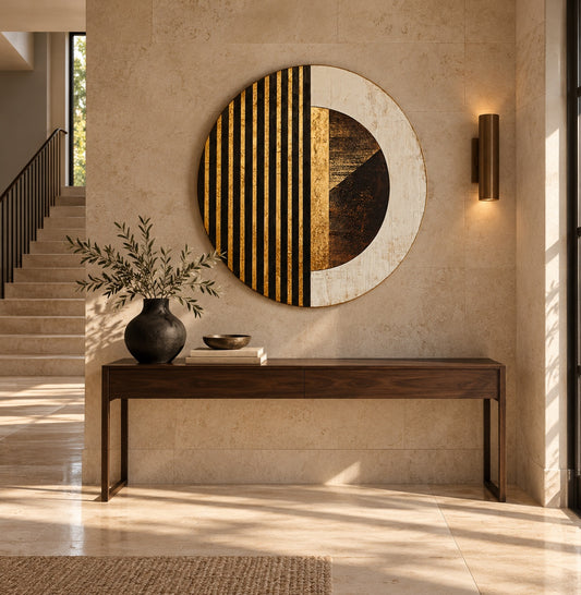 Round aluminium print of the gold-striped composition displayed in an entrance hall