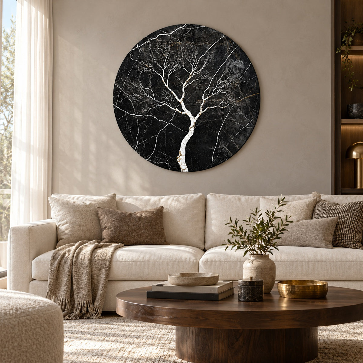 Round aluminium print of the tree composition displayed in a sunlit living room