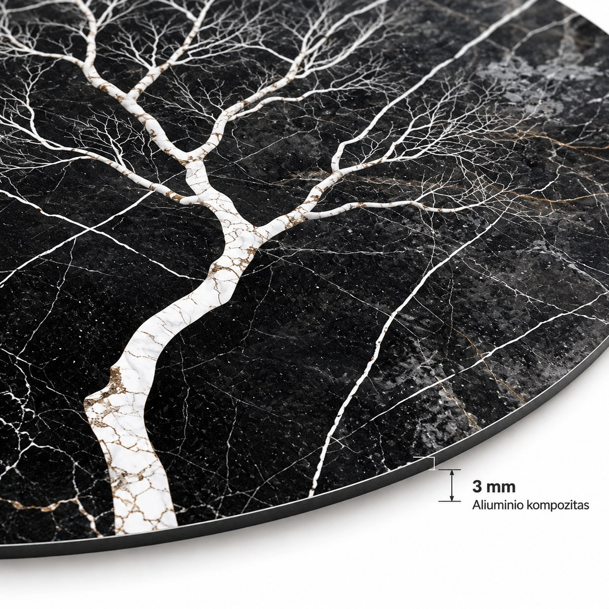 Close-up of the 3 mm aluminium composite panel edge on the round print