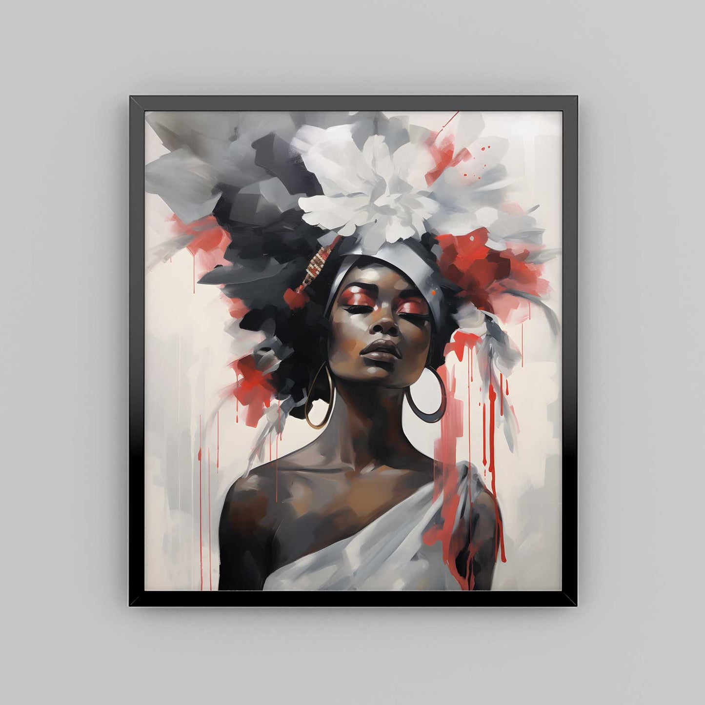 black woman abstract metal print modern wall art silver grey red artwork