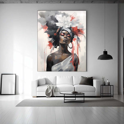black woman abstract metal print modern wall art silver grey red artwork portret home interior printas moteris aliuminis